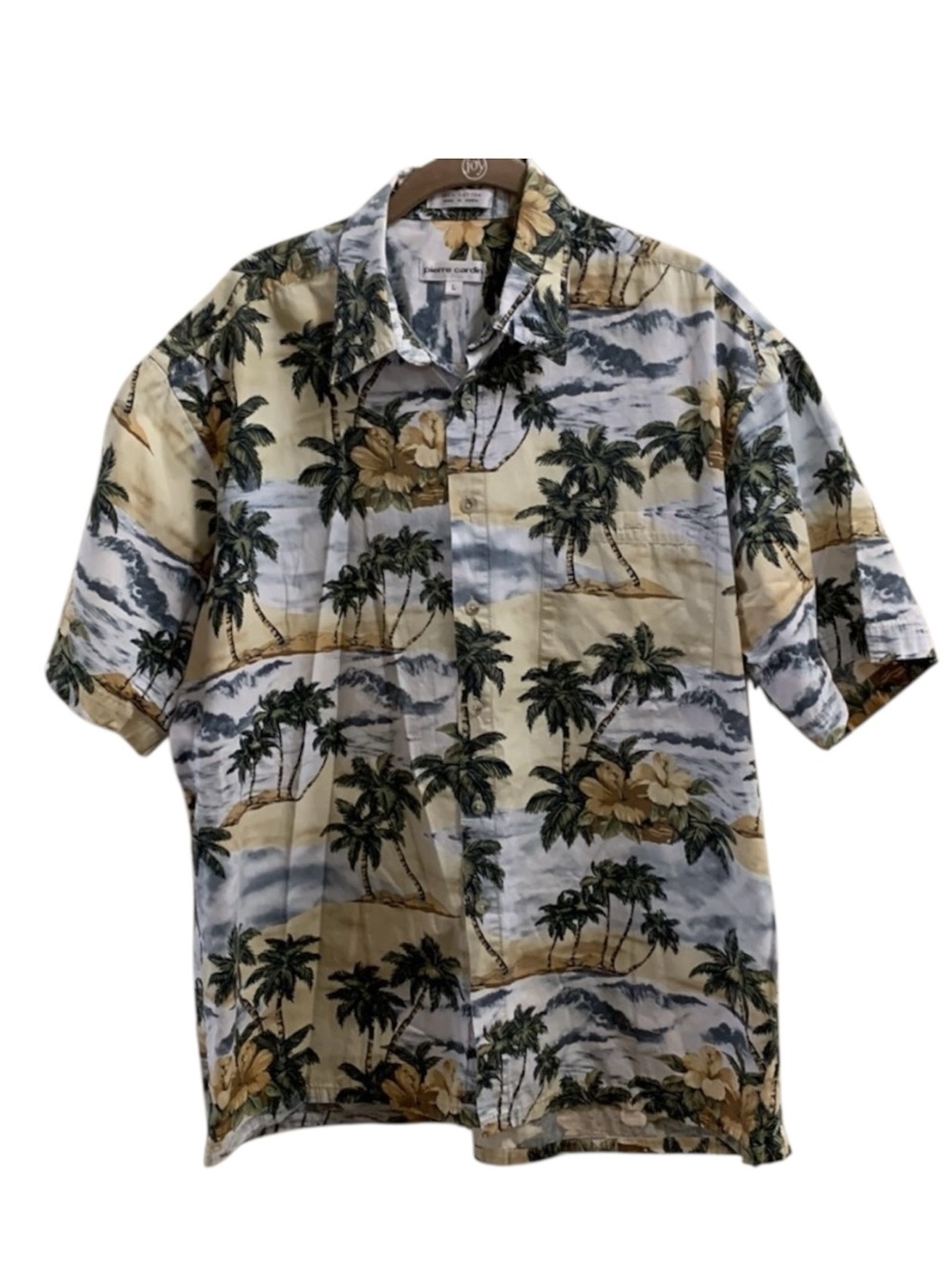 Pierre Cardin Hawaiian Button Down Shirt Size Large Palm Trees Ocean Cotton